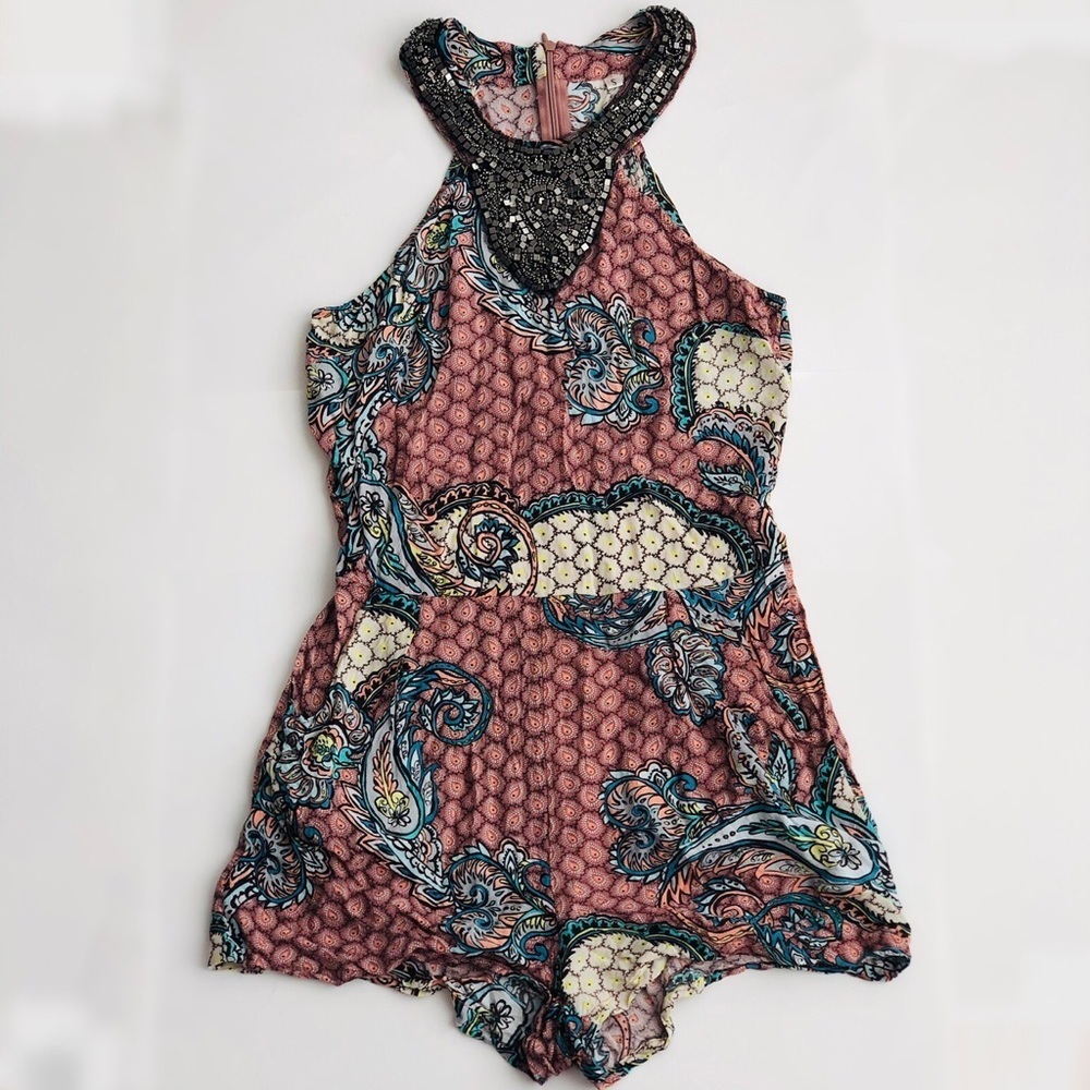 💗Matilda Paisley Print Romper Beaded Neckline - Picture 3 of 16